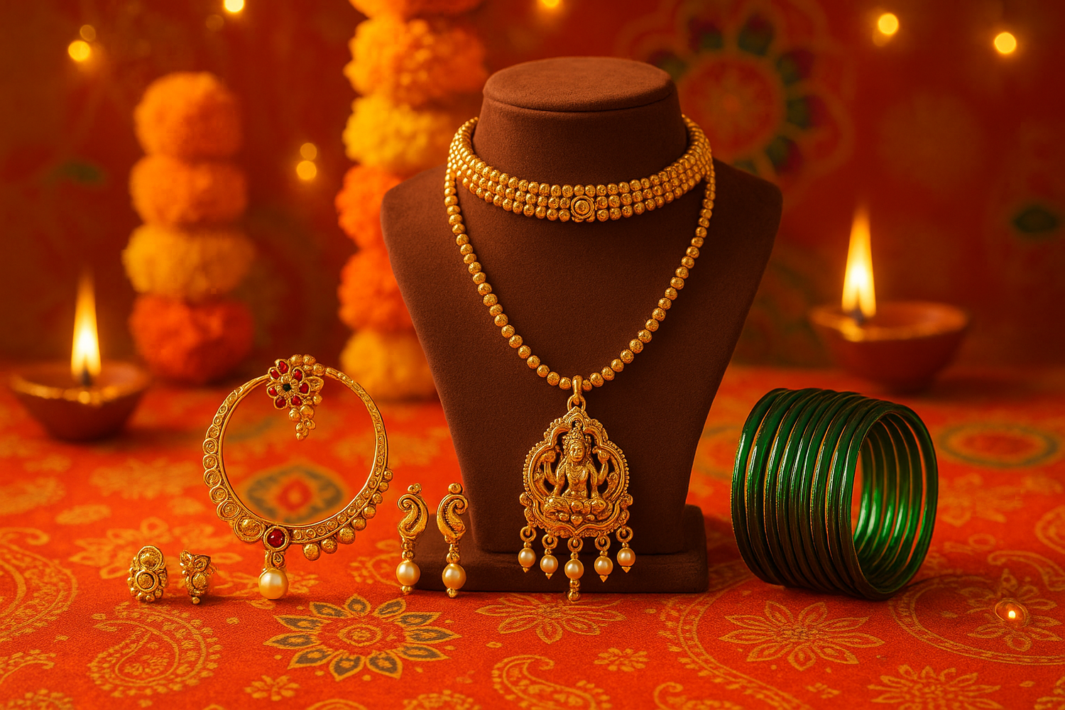 TRADITIONAL MAHARASHTRIAN JEWELLERY WITH FASTIVE BACKGROUND 